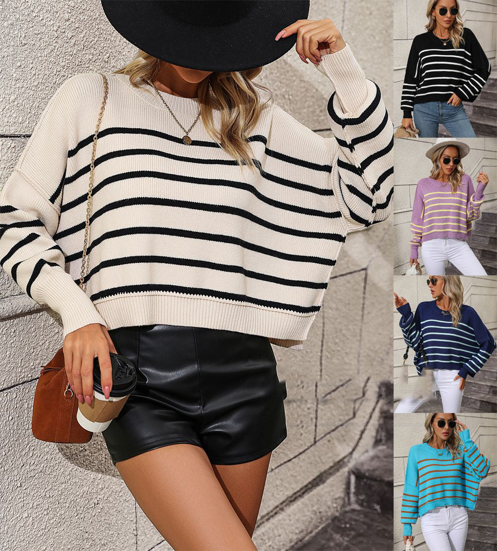 Round Neck Women's Sweater Loose Pullover Stripe Sweater