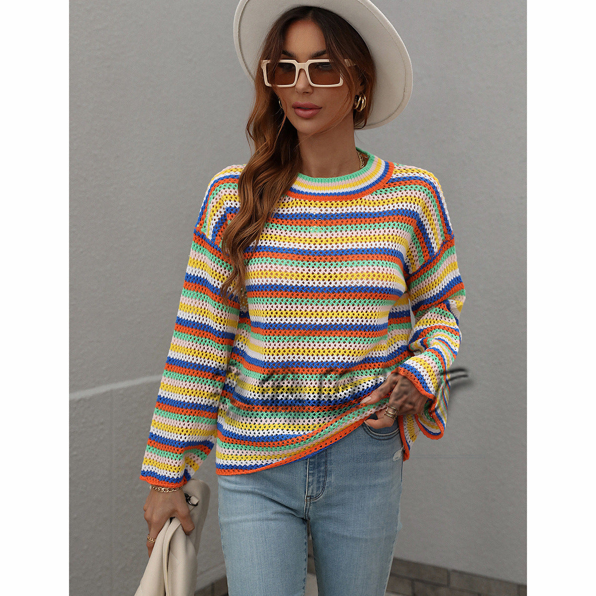 Women's Loose Cross-color Foreign Trade Round Neck Striped Sweater Women