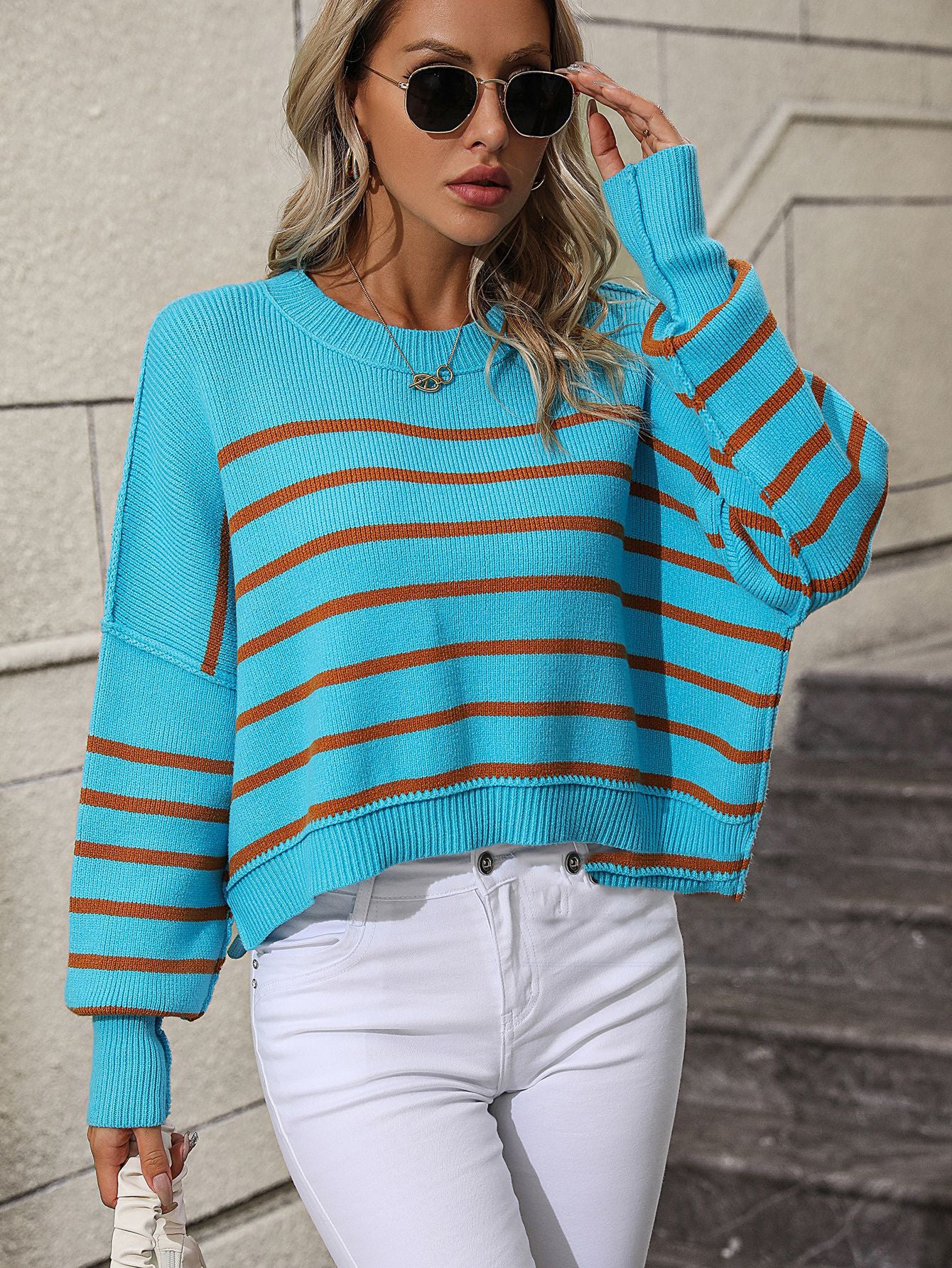 Round Neck Women's Sweater Loose Pullover Stripe Sweater