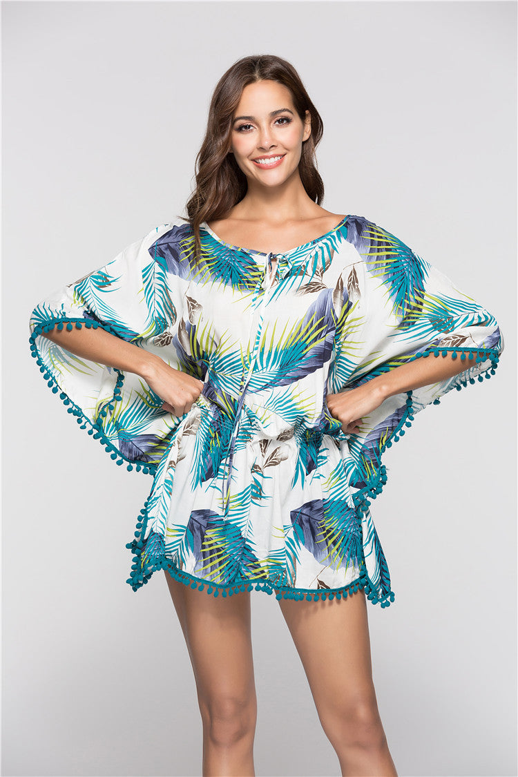 Bat Sleeve Fringed Short Print Dress