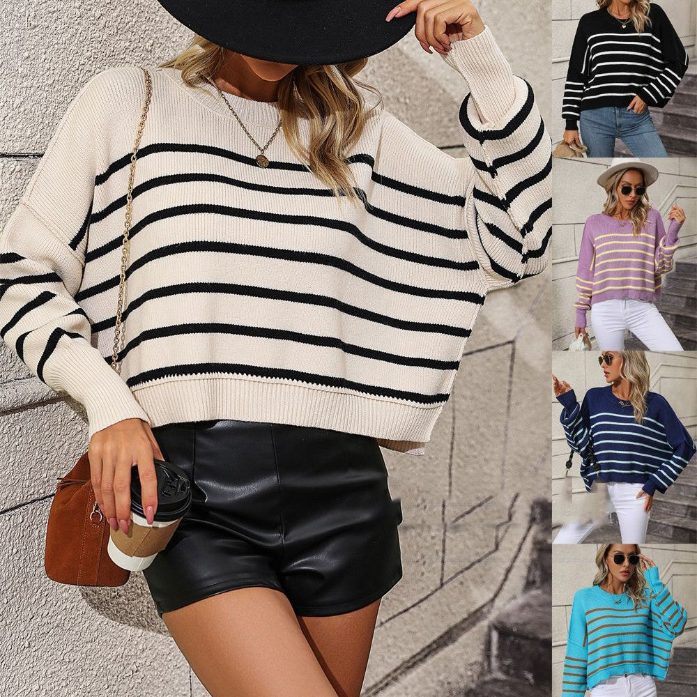 Round Neck Women's Sweater Loose Pullover Stripe Sweater