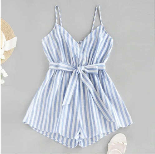 Striped Print Jumpsuit Ladies Suspenders V-neck Jumpsuit One-piece Skirt Pants