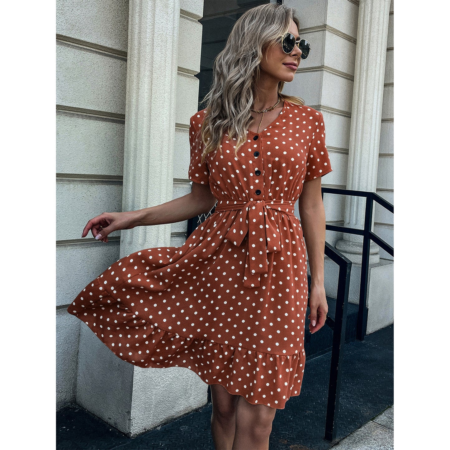 Women's V-Neck Short Sleeve Ruffle Polka Dot Dress