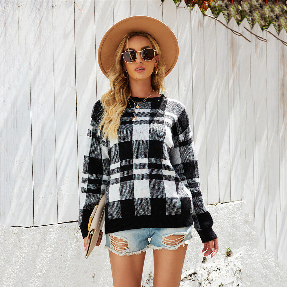 Women Pullover Plaid Sweater Plus Size Knitwear