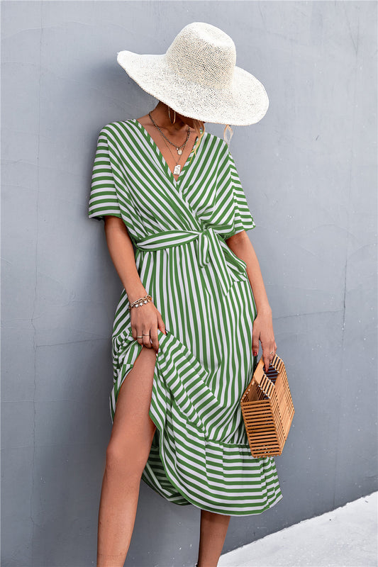 Hot Selling Product Cross V-neck Lace-up Striped Dress