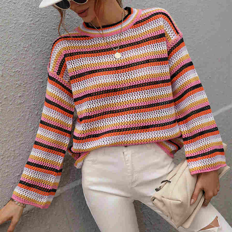 Women's Loose Cross-color Foreign Trade Round Neck Striped Sweater Women