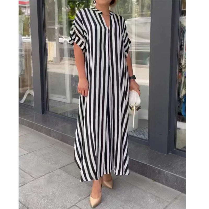 Women's Clothing Fashion Side Slit Striped Cardigan Short Sleeve Dress