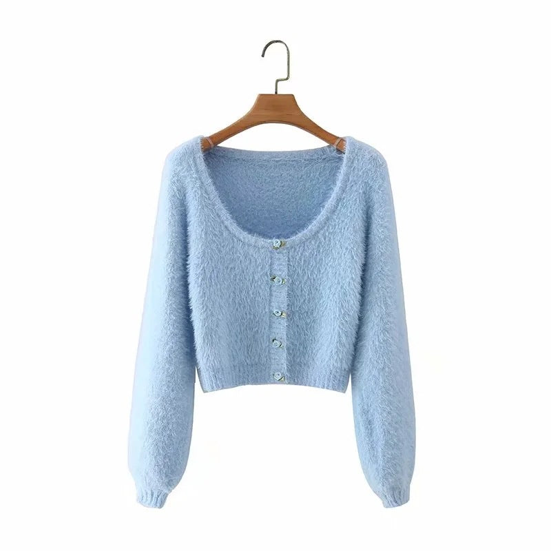 European and American Casual Plush Square Neck Pullover Sweater Women