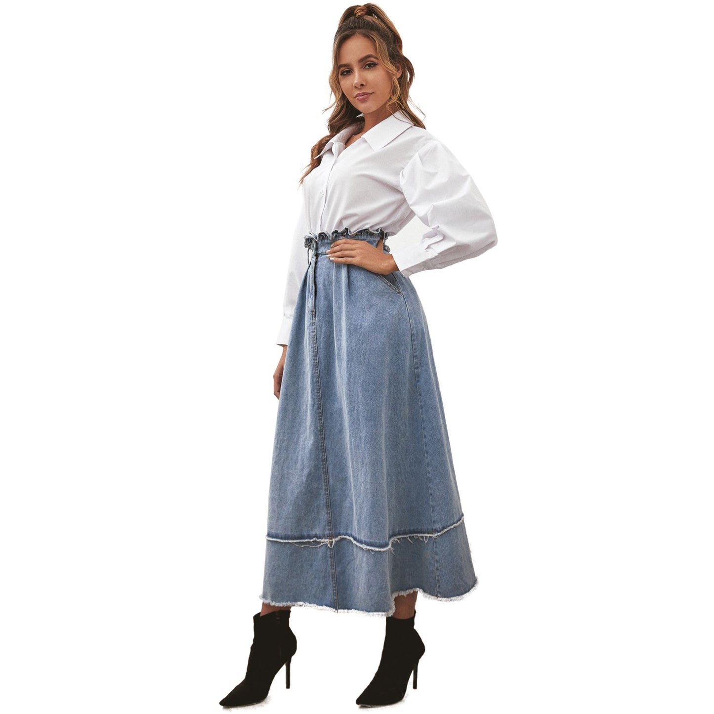 Commuter High Waist Washed Skirt Long A-line Skirt Women