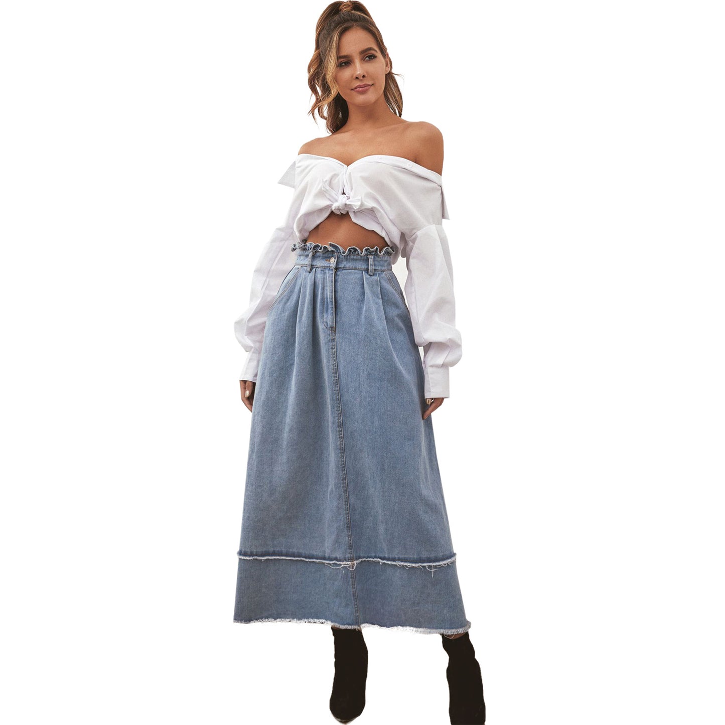 Commuter High Waist Washed Skirt Long A-line Skirt Women