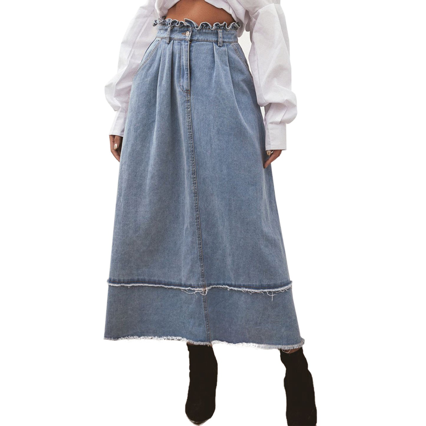 Commuter High Waist Washed Skirt Long A-line Skirt Women