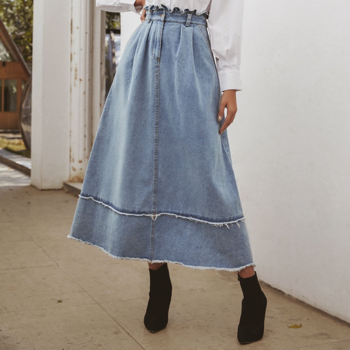 Commuter High Waist Washed Skirt Long A-line Skirt Women