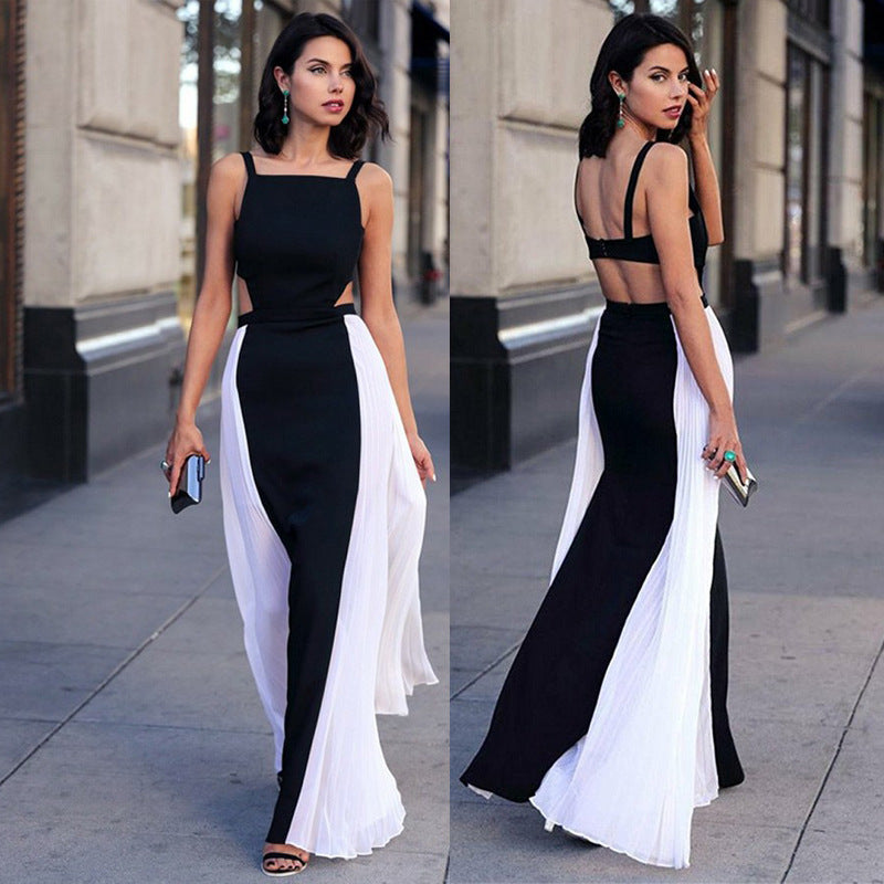 Sling Halter Contrast Color Dress Long Skirt