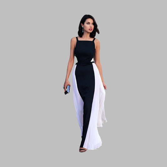 Sling Halter Contrast Color Dress Long Skirt