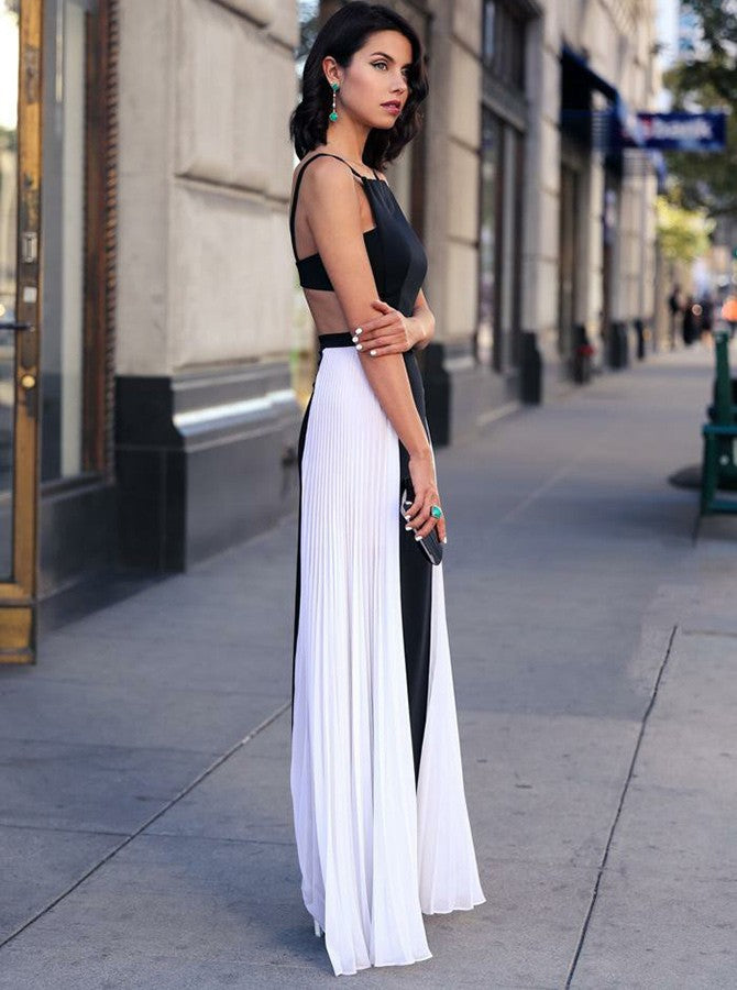 Sling Halter Contrast Color Dress Long Skirt