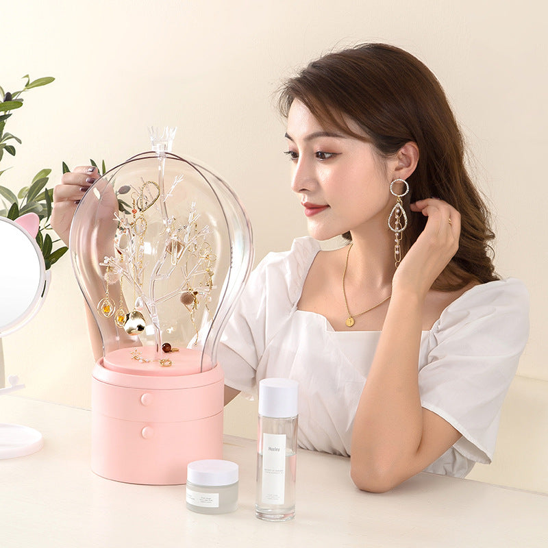 LED Light Makeup Organizer Transparent Jewelry Storage Box Portable 360 Both Rotate Earrings Necklace Rack