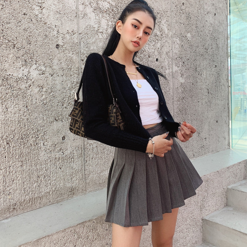 American Retro Gray Pleated Skirt Female High-Waisted Short