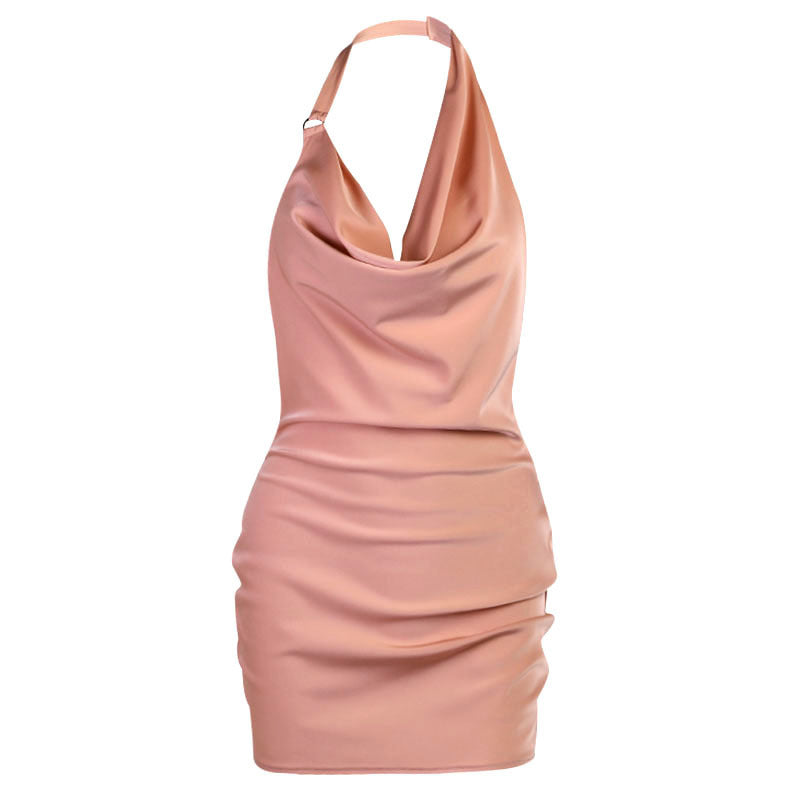 Satin Dress V Neck Backless Mini Sleeveless