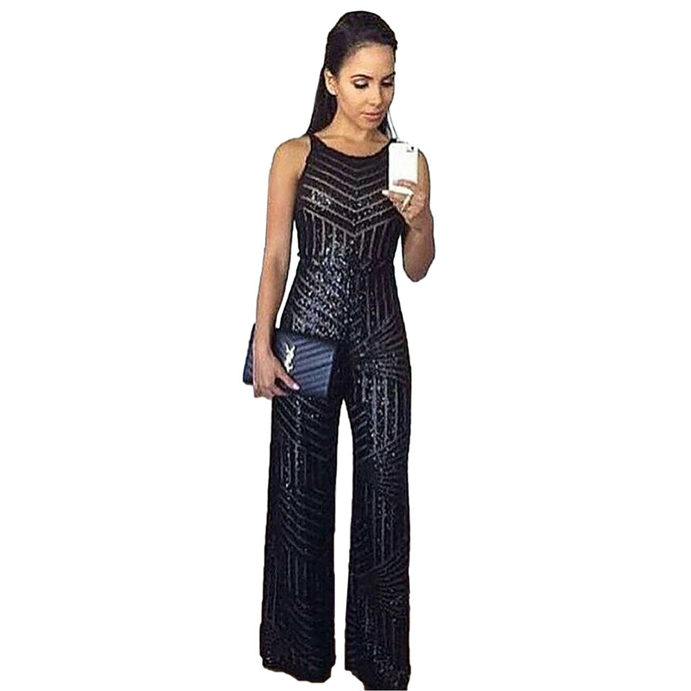 Sleeveless Sequined High Waist Ladies Casual Jumpsuit