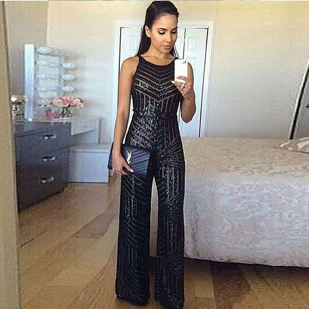 Sleeveless Sequined High Waist Ladies Casual Jumpsuit