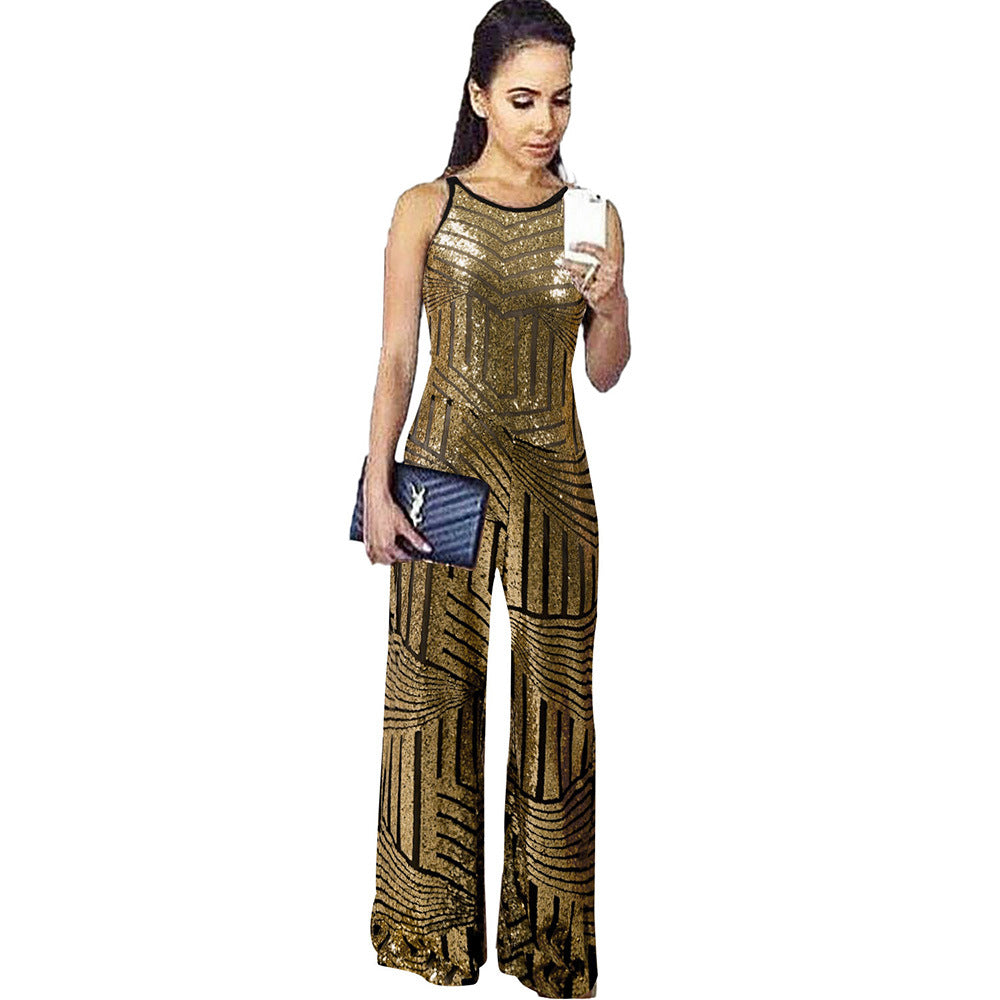 Sleeveless Sequined High Waist Ladies Casual Jumpsuit