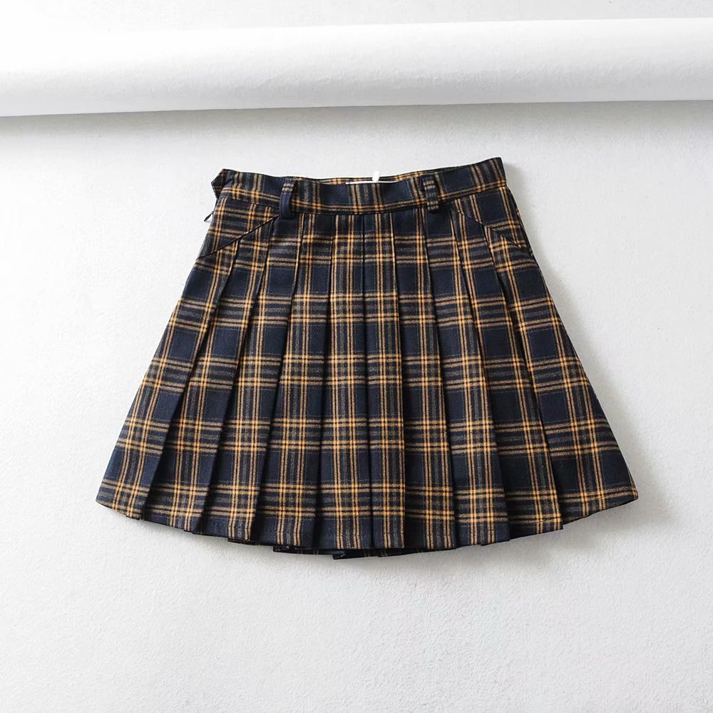 Women'S Fashion Thick Plaid  Pleated Skirt High Waist Slim Skirt Short