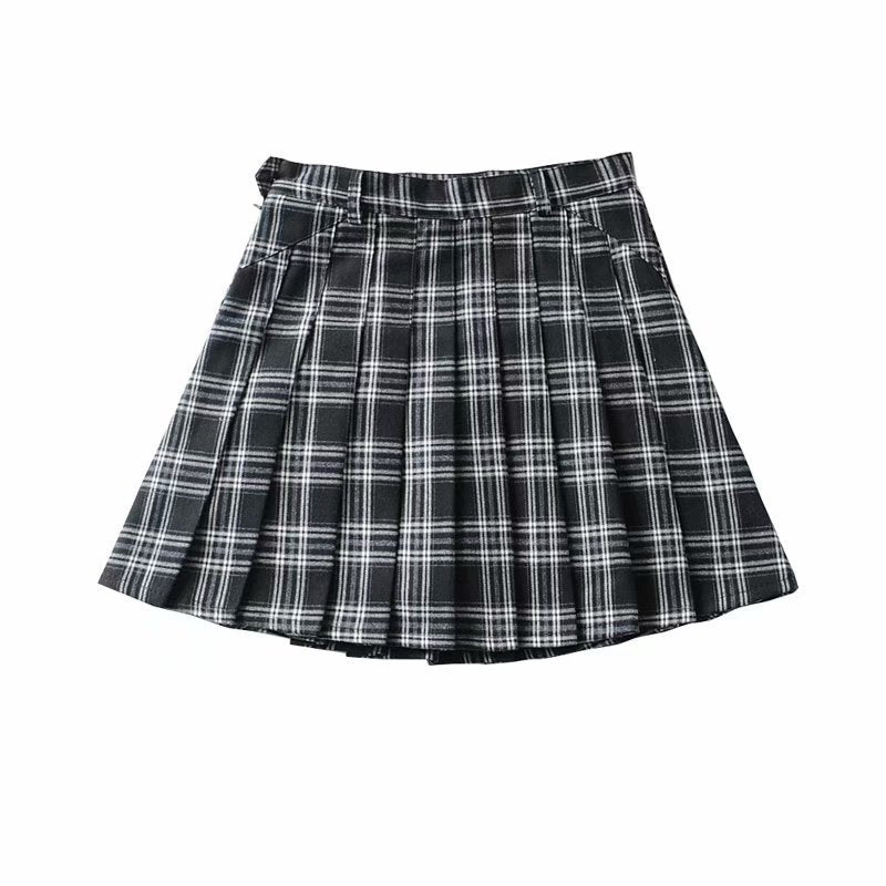 Women'S Fashion Thick Plaid  Pleated Skirt High Waist Slim Skirt Short