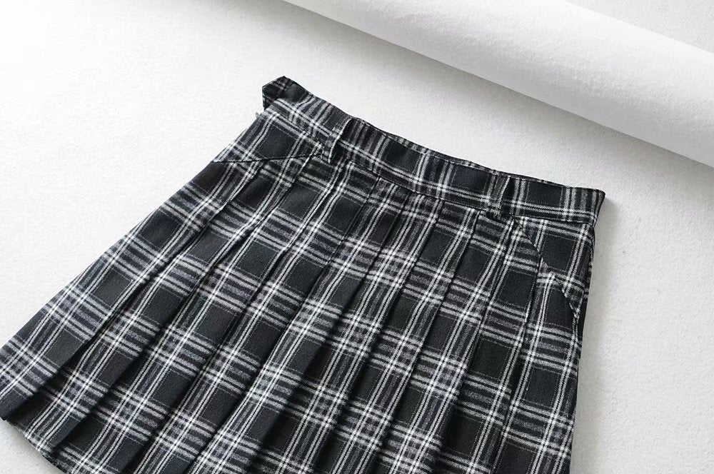 Women'S Fashion Thick Plaid  Pleated Skirt High Waist Slim Skirt Short