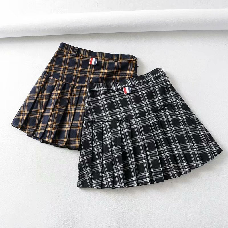 Women'S Fashion Thick Plaid  Pleated Skirt High Waist Slim Skirt Short