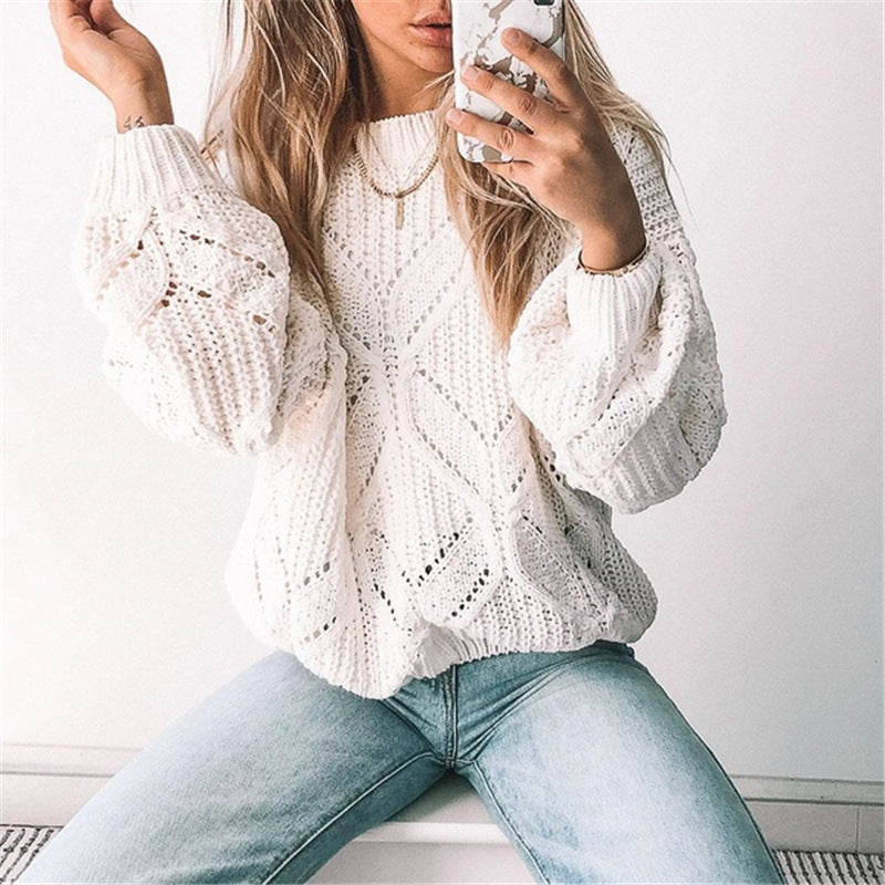 Sweater Women Irregular Hollow V Neck Long Sleeved Sweater