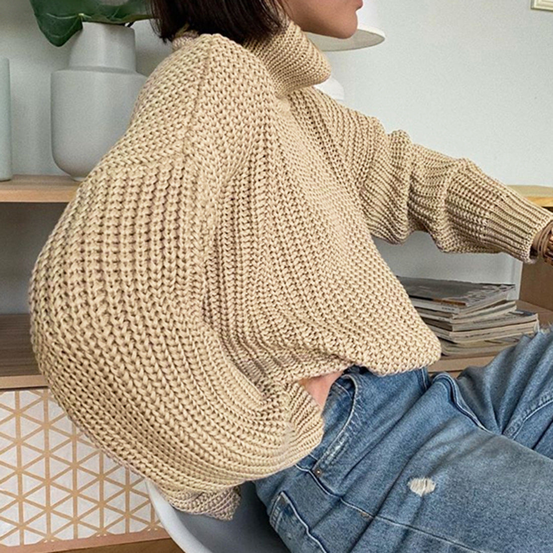 Fashion high neck pullover sweater women