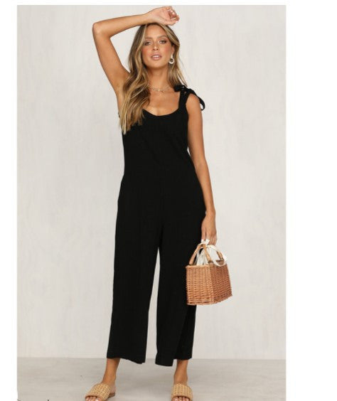 Back solid jumpsuit ladies summer wide leg dress