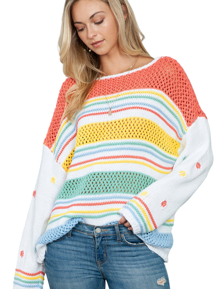 Sweater Women's Mixed Color Stripe Pullover Women