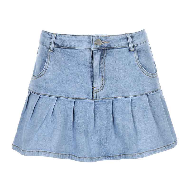 European And American High Waist Ruffled Denim Skirt