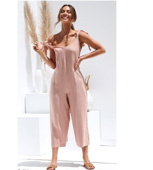 Back solid jumpsuit ladies summer wide leg dress