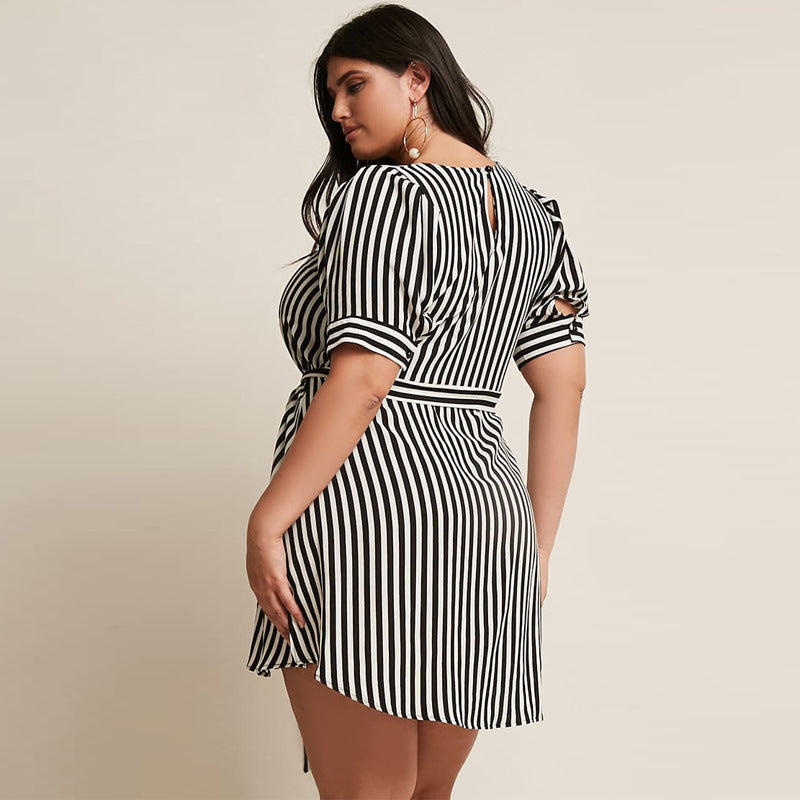 Round Neck Striped Simple Short-Sleeved Women Belt Skirt