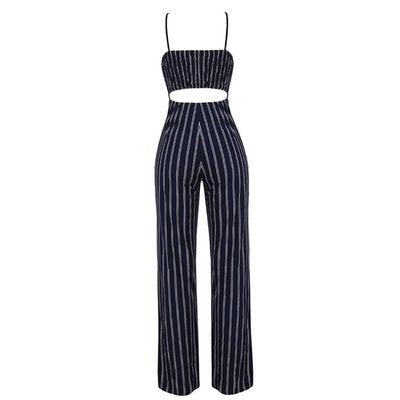 Ladies Sexy Striped Suspender Wide-leg Jumpsuit