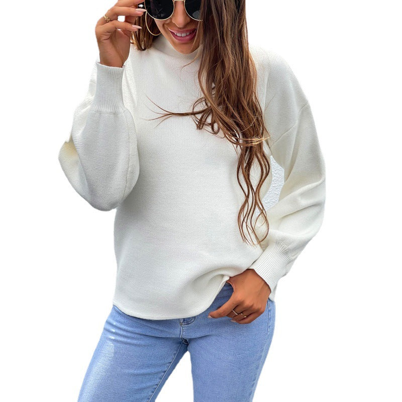 Women's Knitted Turtleneck Lantern Sleeve Sweater Women