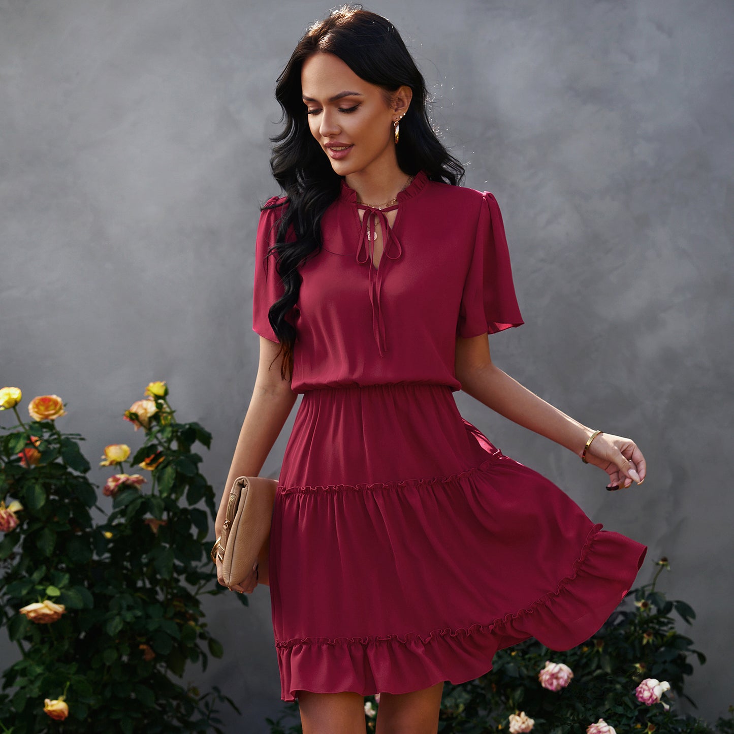 European And American Women's High Neck Loose Ruffle Dress