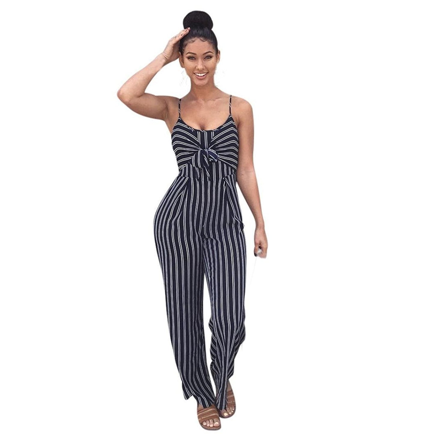 Ladies Sexy Striped Suspender Wide-leg Jumpsuit