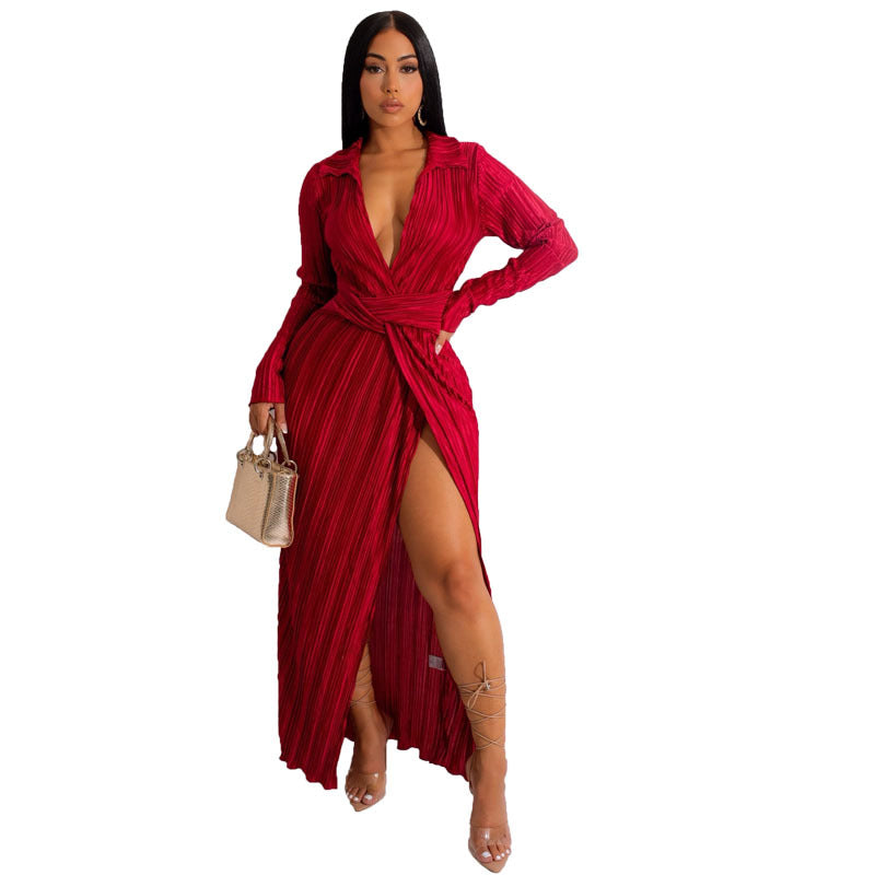 Slit Dress Autumn And Winter New V-neck Long Sleeve Pleated Dress