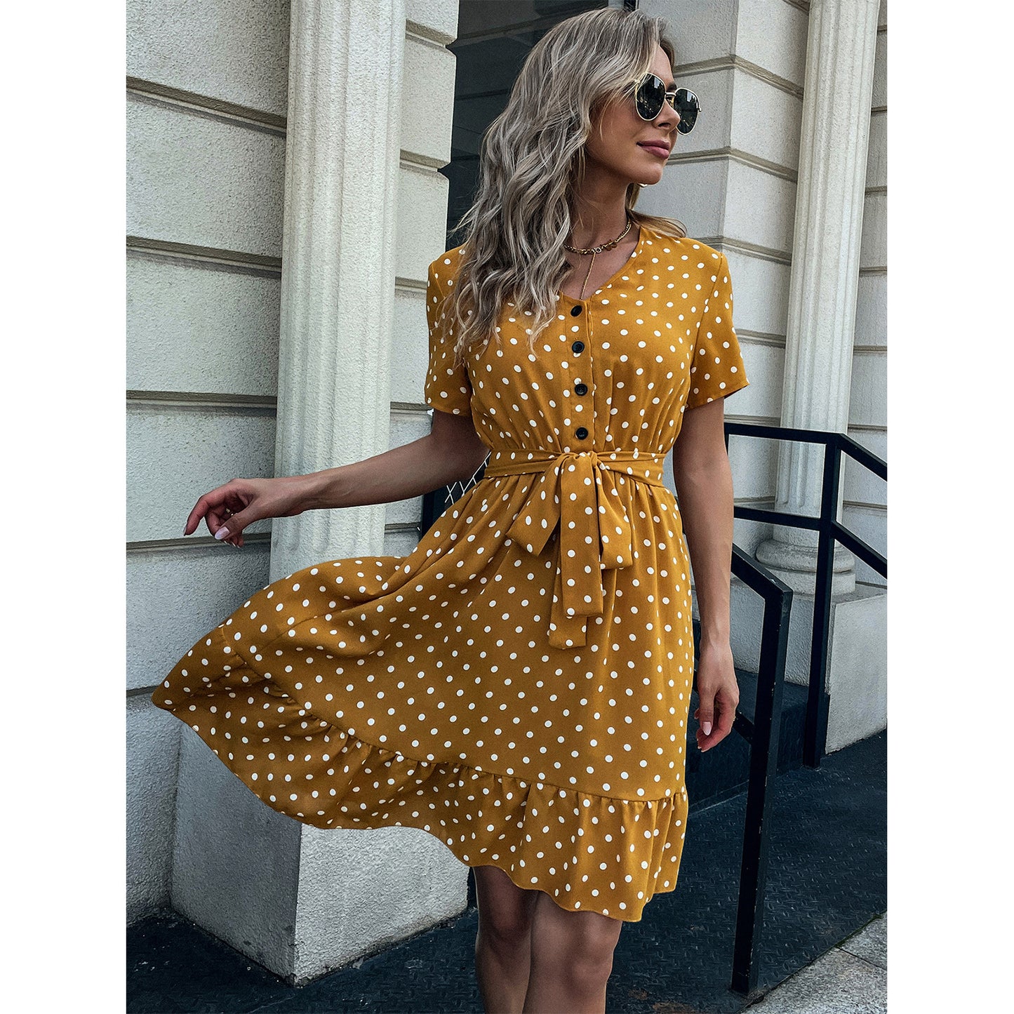 Women's V-Neck Short Sleeve Ruffle Polka Dot Dress