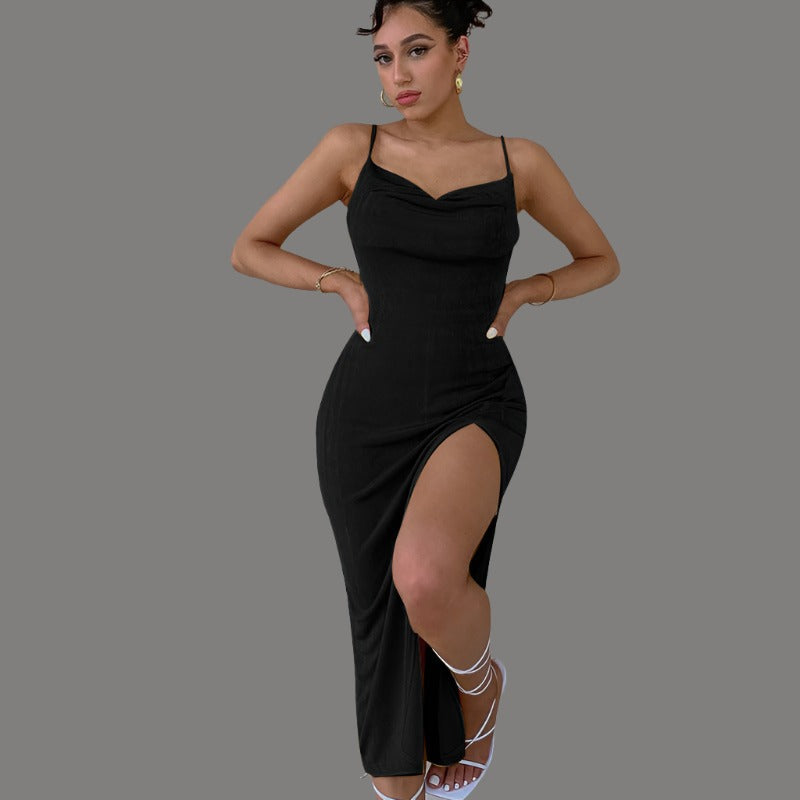 Smooth Knitted Women's Slit Suspender Dress