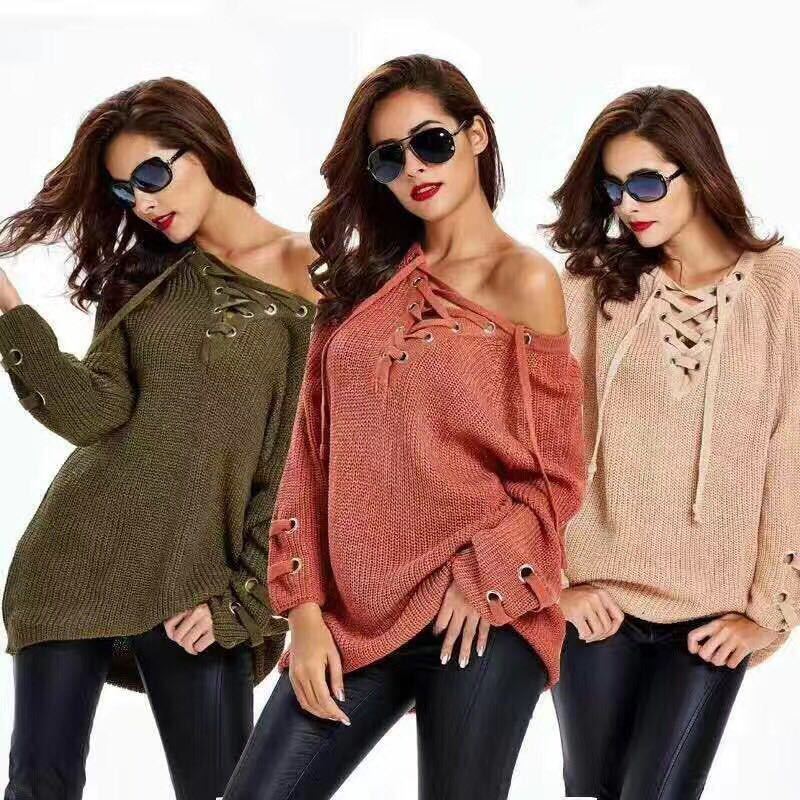 Women Sweater V Neck Mesh Lace Up Sweater Striped Bandage Cross Tops