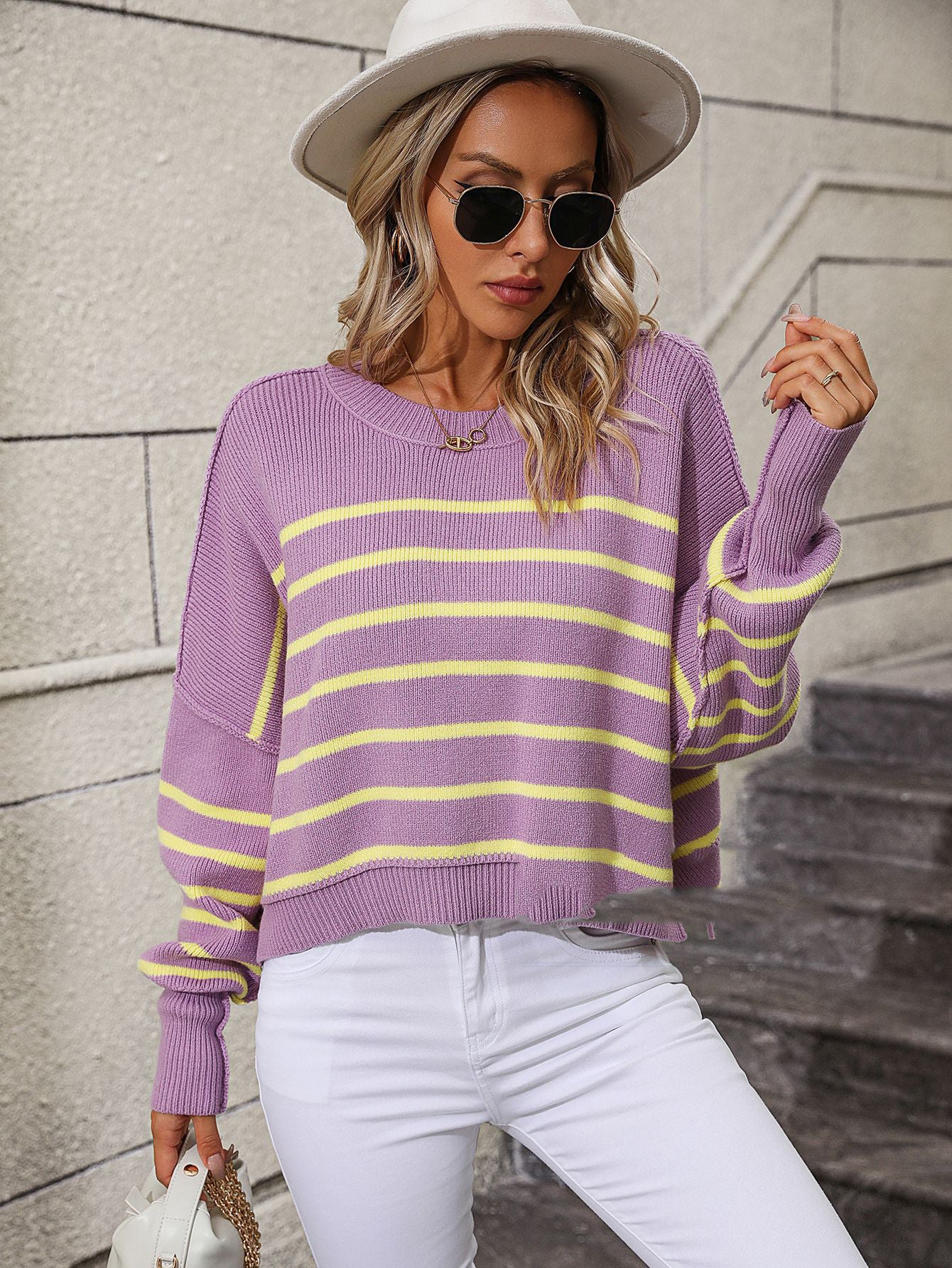 Round Neck Women's Sweater Loose Pullover Stripe Sweater