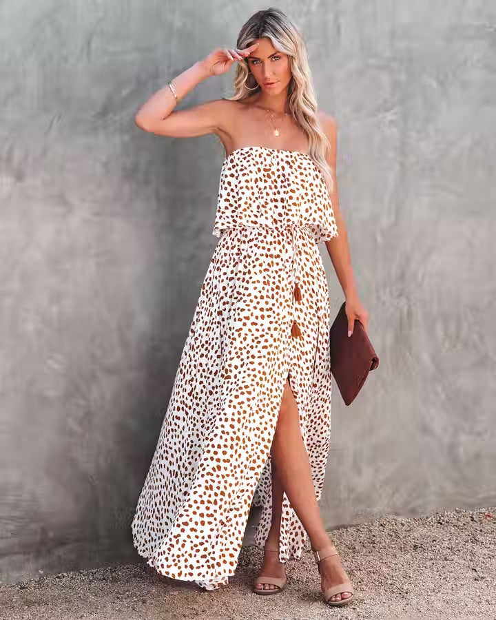 Leopard Print Floral-print Off-shoulder Ruffled Slit Dress