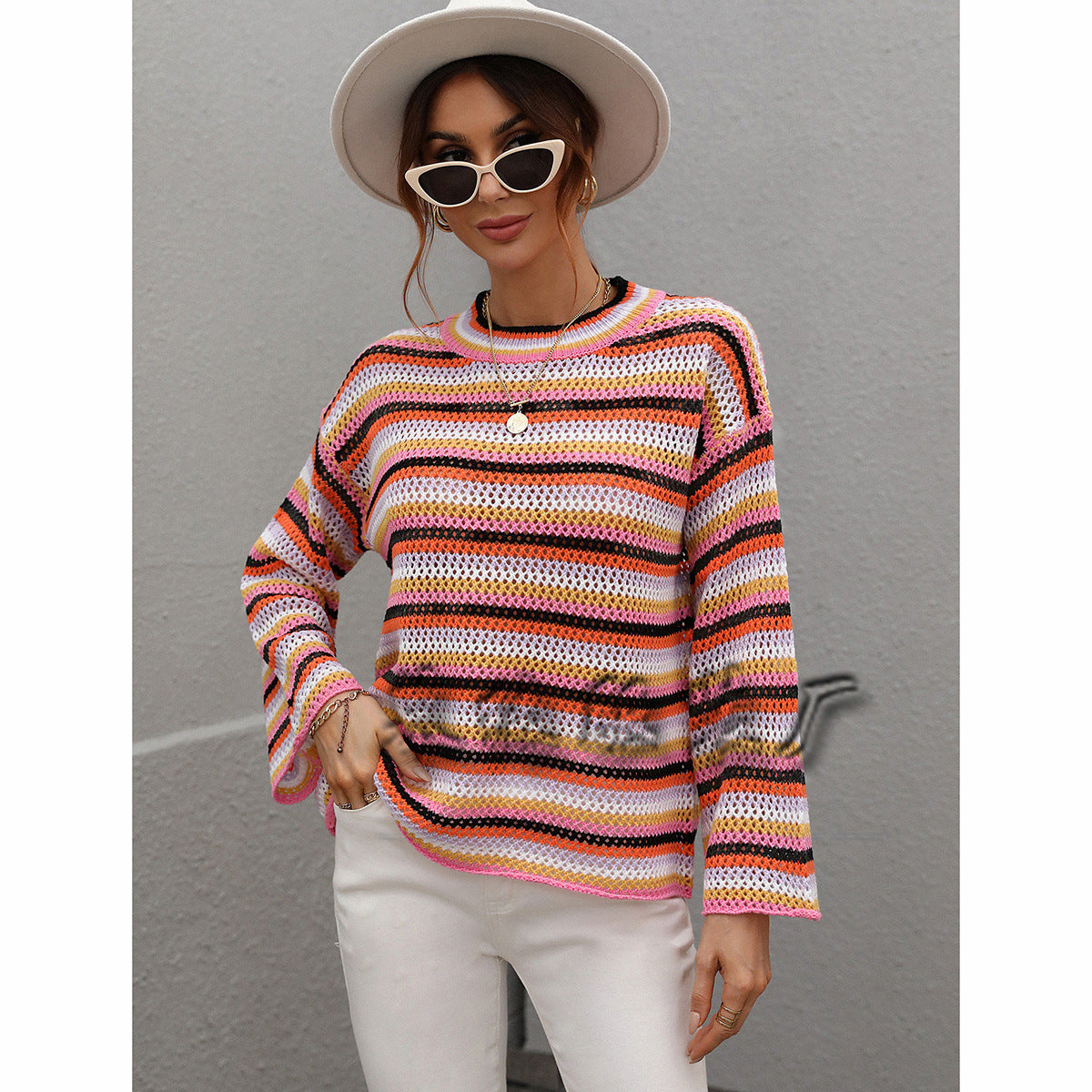 Women's Loose Cross-color Foreign Trade Round Neck Striped Sweater Women