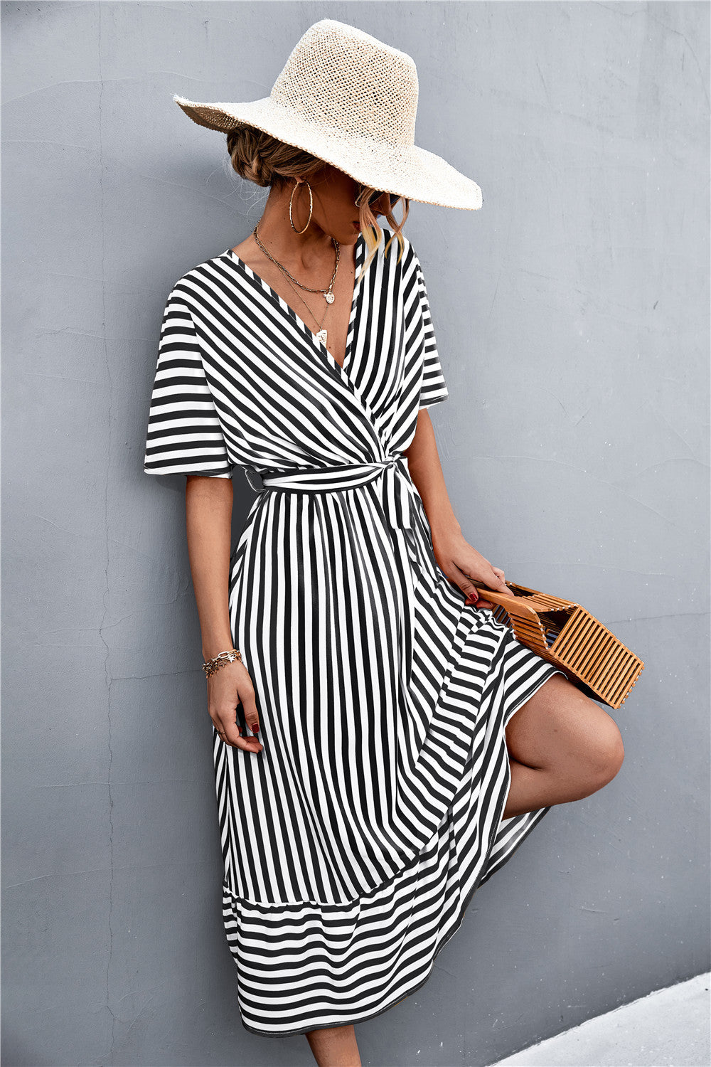 Hot Selling Product Cross V-neck Lace-up Striped Dress