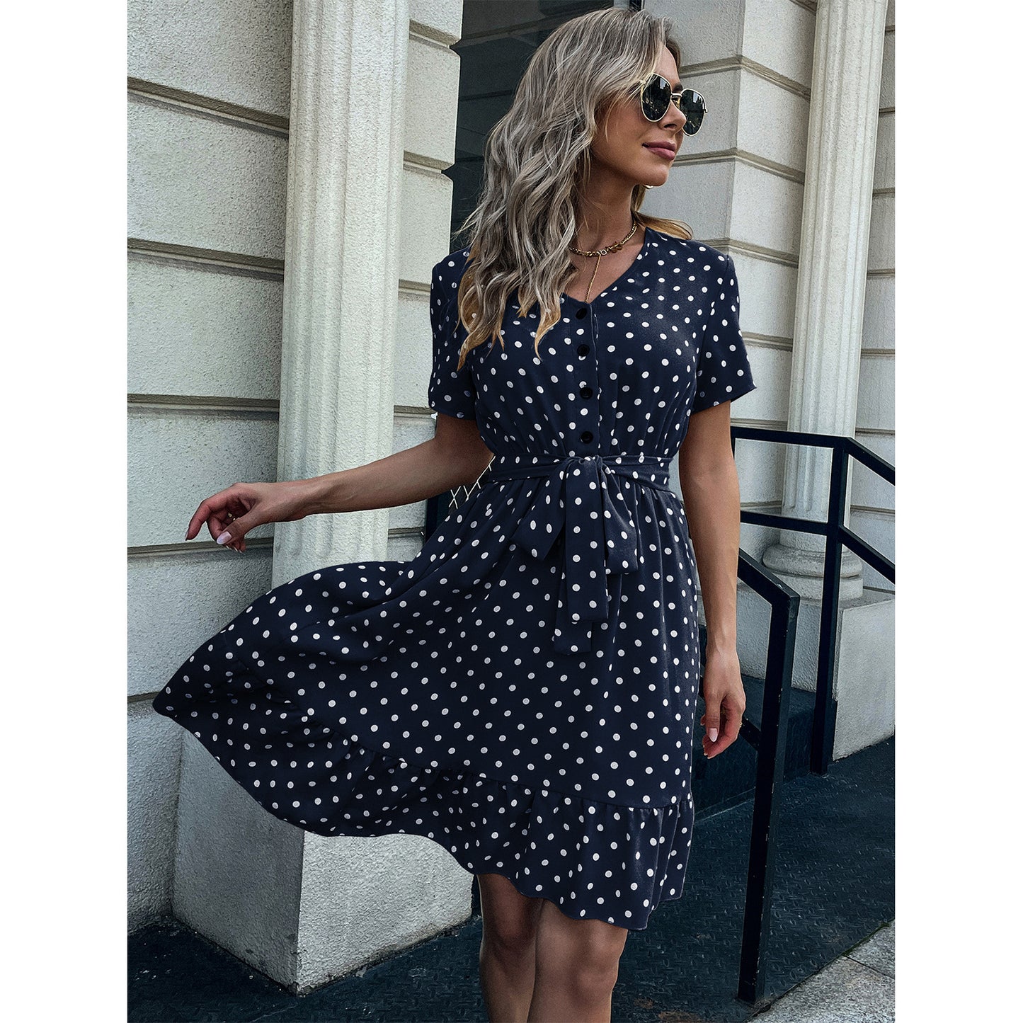 Women's V-Neck Short Sleeve Ruffle Polka Dot Dress