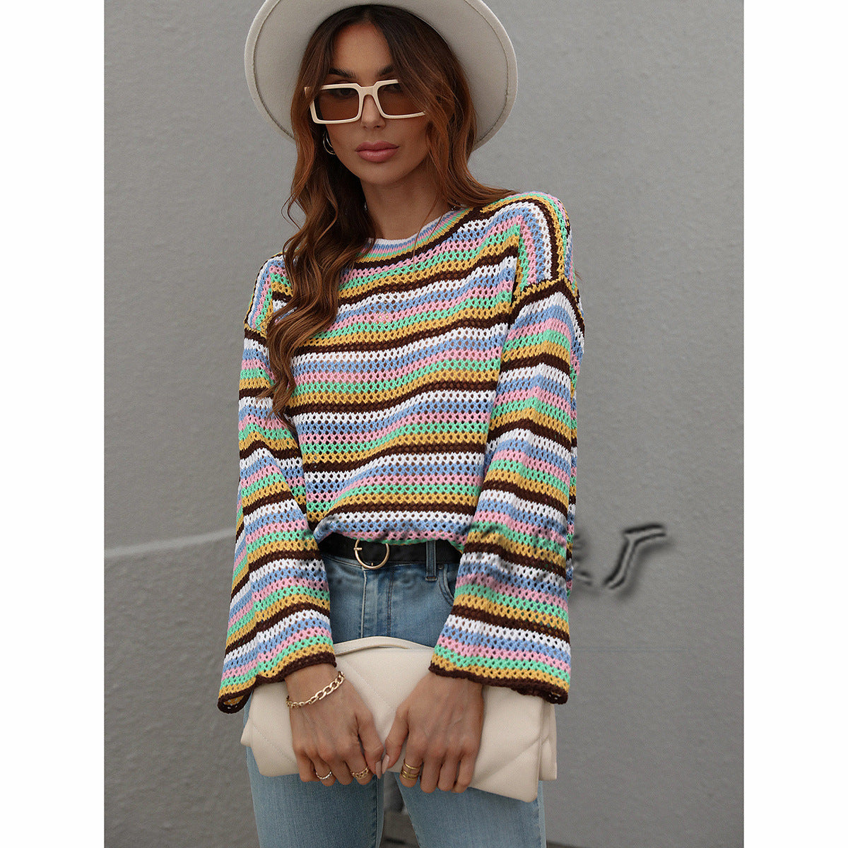 Women's Loose Cross-color Foreign Trade Round Neck Striped Sweater Women